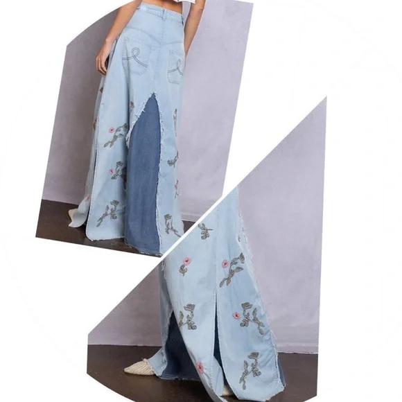 FLOWER CHILD Bohemian Long Denim Maxi Skirt - Picture 6 of 15